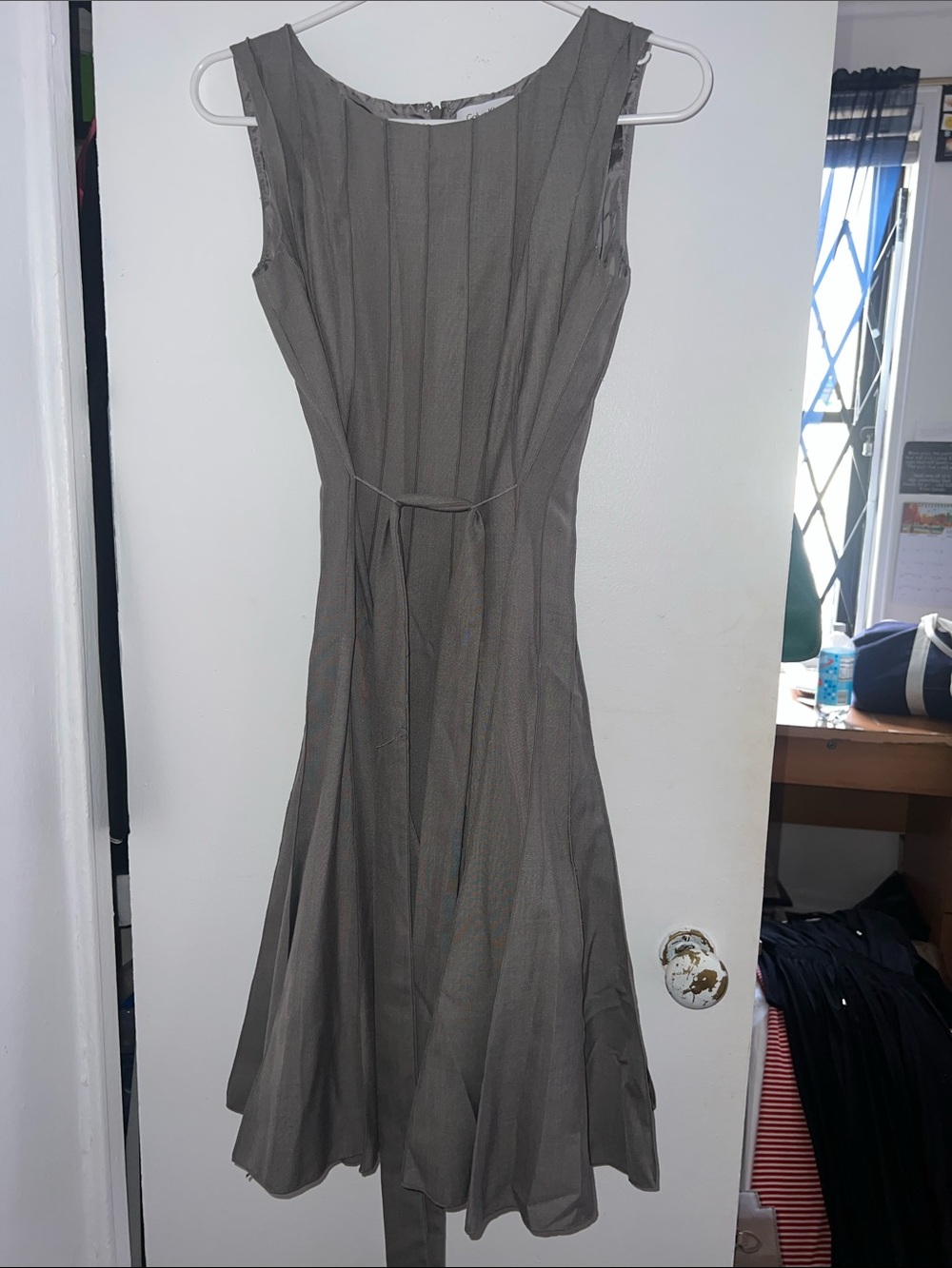 Calvin Klein Sleeveless Pleated Midi Dress in Gray